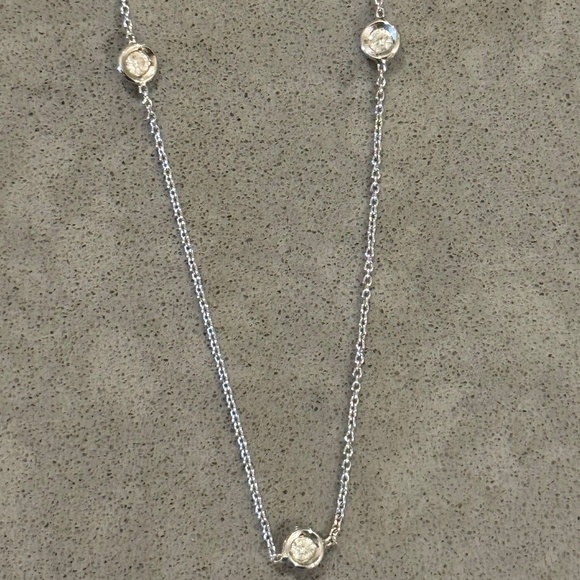 18K White Gold Diamond Station Necklace • Italian • Bezel Set • Solid Gold